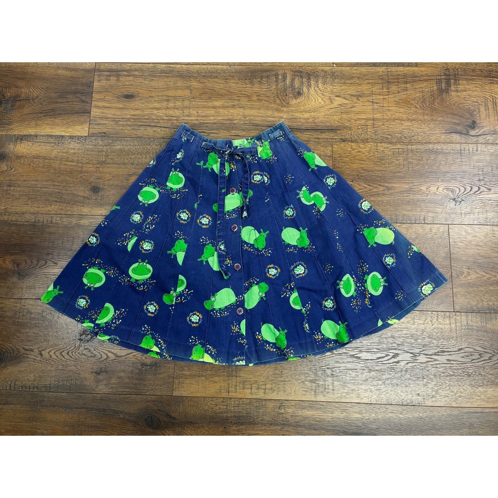 Vintage Buffy Buffington Girls Navy Blue Green Hippo Print Pleated Skirt Sz 10